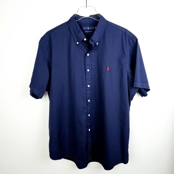 Ralph Lauren Navy Blue Short Sleeve Feather Weight Twill Button Front Shirt XL - Picture 1 of 7